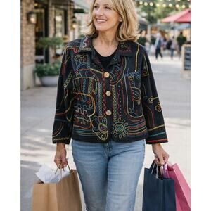 Vintage Chico Women's Size 2 Large Black Geometric Embroidered Cardigan Sweater